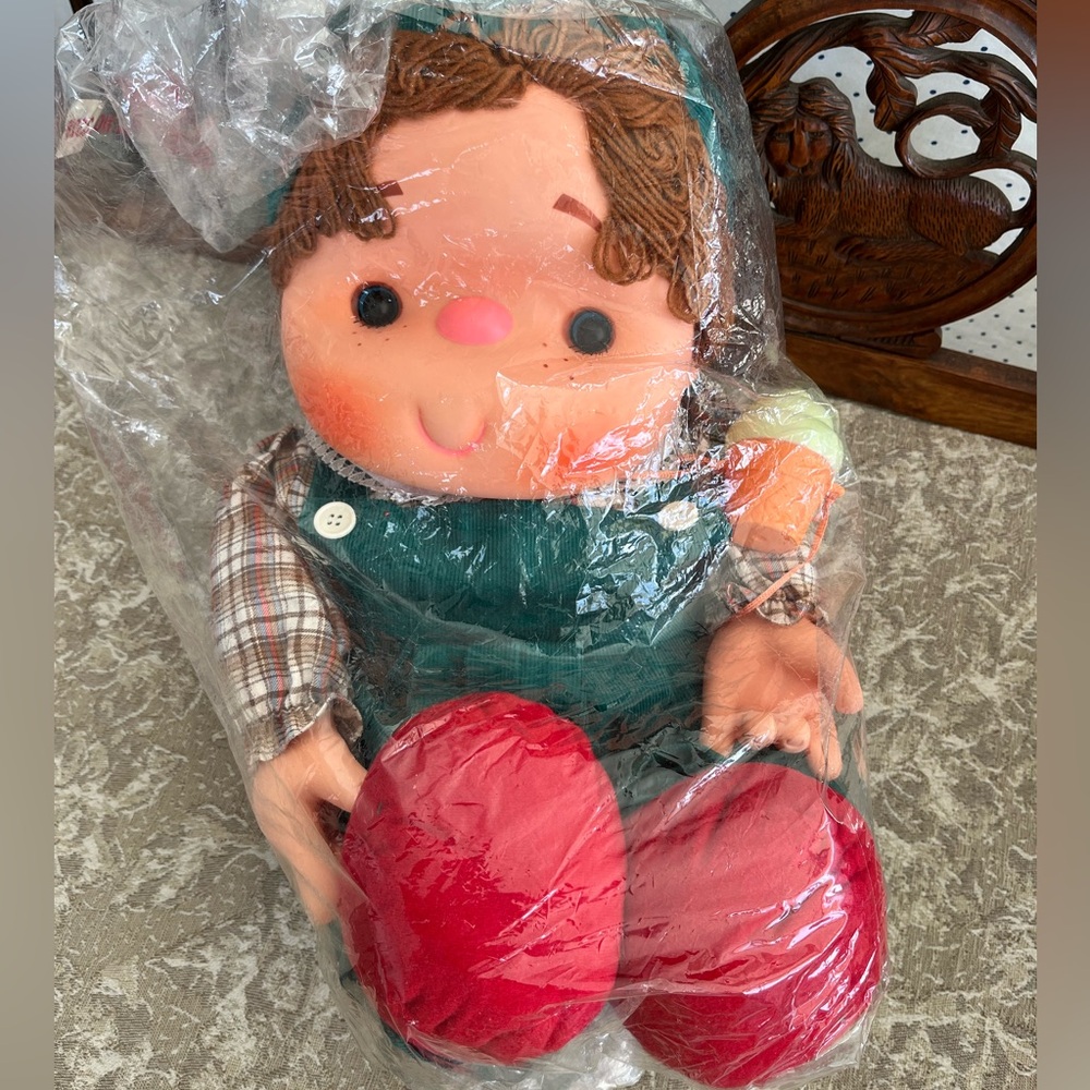 Ice Cream Doll Boy Brown Yarn Hair 23” Green Overalls J Shin Co Vintage 80s